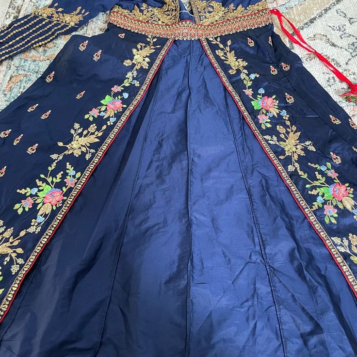 Brand New Dress Wear At Wedding And Need To Clear Up The Space . Blue Floral Embroidered Wedding Gown, Blue Floral Embroidery Wedding Gown, Traditional Drape Dresses For Spring, Blue Floral Embroidered Dress For Wedding Guest, Festive Floral Embroidered Dress For Wedding Guest, Fitted Bollywood Dress With Traditional Drape, Spring Anarkali Maxi Dress For Wedding, Bollywood Fitted Dress With Traditional Drape, Long Anarkali Dress With Floral Embroidery