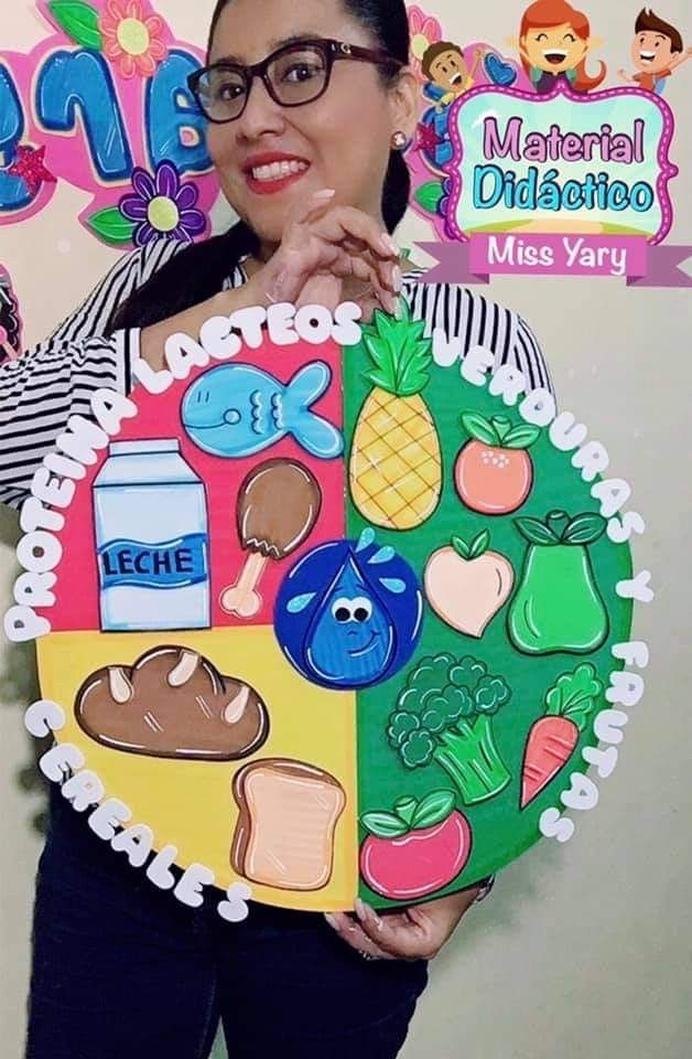 a woman is holding up a paper plate with different foods on it and the words made to look like food