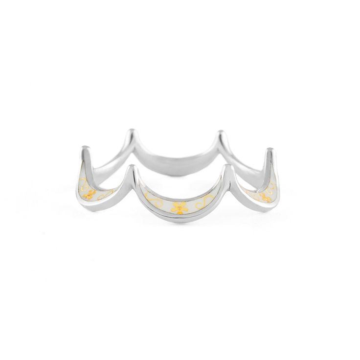 Jado Flora - Luminous Smile-VIRABYANI White Gold Enamel Ring With Polished Finish, White Gold Enamel Rings With Polished Finish, Unique Crescent Shaped White Jewelry, Unique White Crescent Jewelry, Elegant White Gold Enamel Rings, Silver Polished Enamel Ring For Wedding, Silver Enamel Ring With Polished Finish For Wedding, Elegant Gold Enamel Stackable Rings, Elegant Gold Stackable Enamel Rings