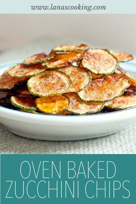 oven baked zucchini chips in a white bowl with text overlay that reads oven baked zucchini chips