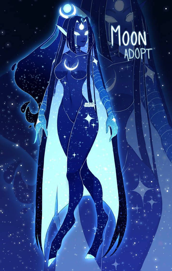 an image of a woman in blue with stars on her head and the words moon adopt above her