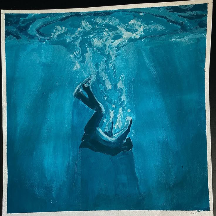 a painting of a person floating in the water with their arms up and head above the water's surface