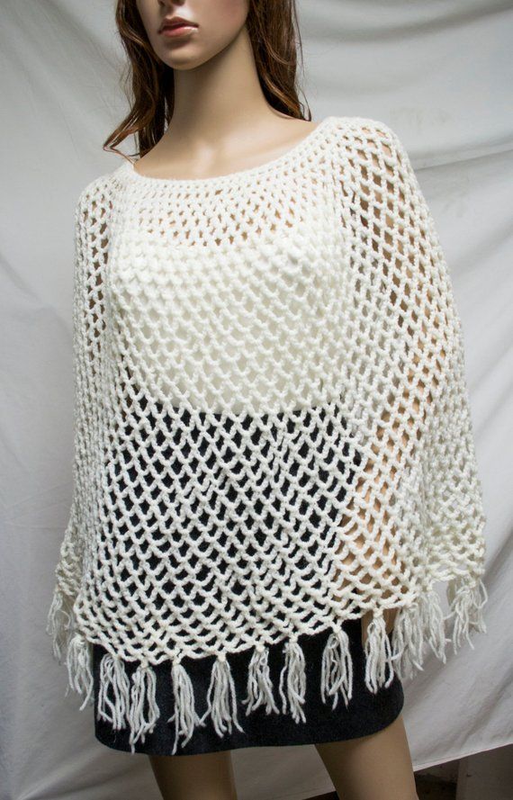 Poncho top,knit poncho,Soft, White, Fringed,poncho One Size Knit Poncho With Fringe, Casual White Knit Poncho, One Size White Crochet Sweater, White Crochet Sweater One Size, White Shawl Poncho For Spring, White Fringed Shawl For Winter, White Fringed Winter Shawl, White Fringe Shawl For Winter, White Knit Poncho For Fall