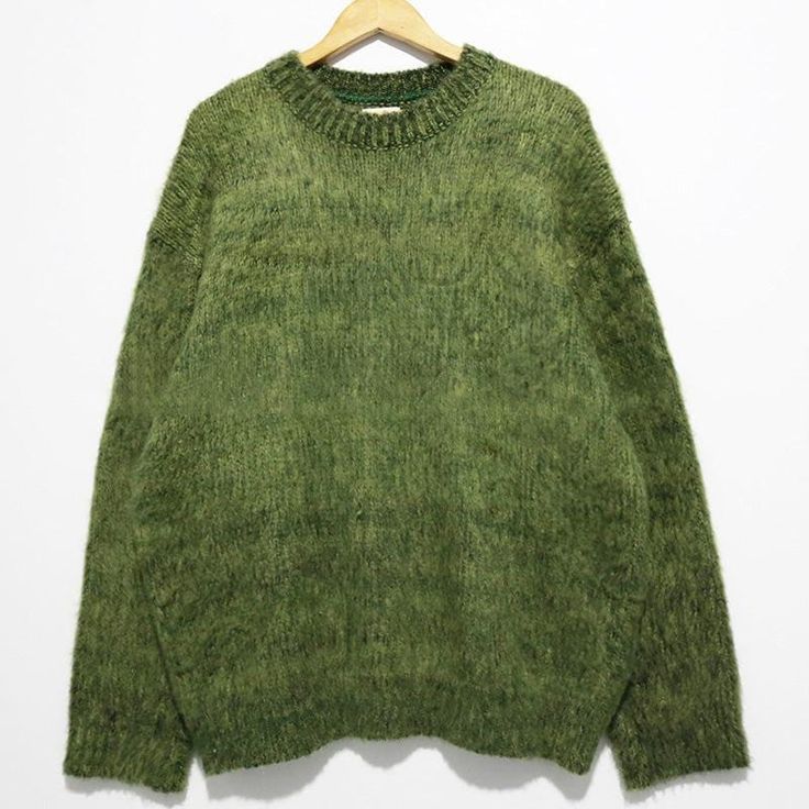 RT No. 5282 MOHAIR WOOLEN KNITTED SWEATER Green Mohair Sweater, Green Knit Sweater, Korean Streetwear, 150 Lbs, 110 Lbs, Graduation Outfit, Round Neck Sweaters, Comfortable Tops, Light Blue Denim