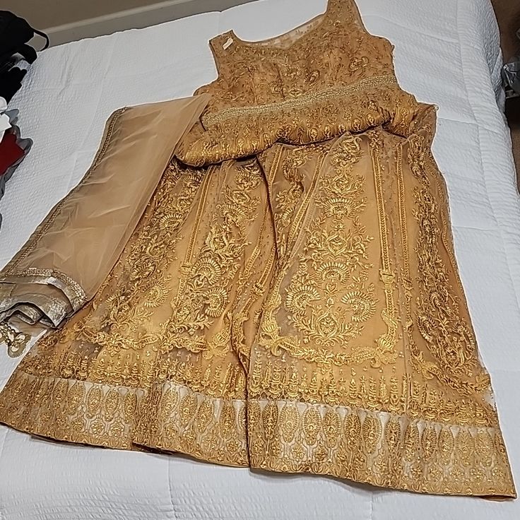 Brand New Long Beaded Gold Indian Dress It Comes,With Shall And Sheer Short Sleeves That Can Be Attach. Colorful Dresses Formal, Sheer Shorts, Indian Dress, Indian Dresses, Formal Dress, Sleeveless Formal Dress, Wedding Dresses, Short Sleeves, Things To Come