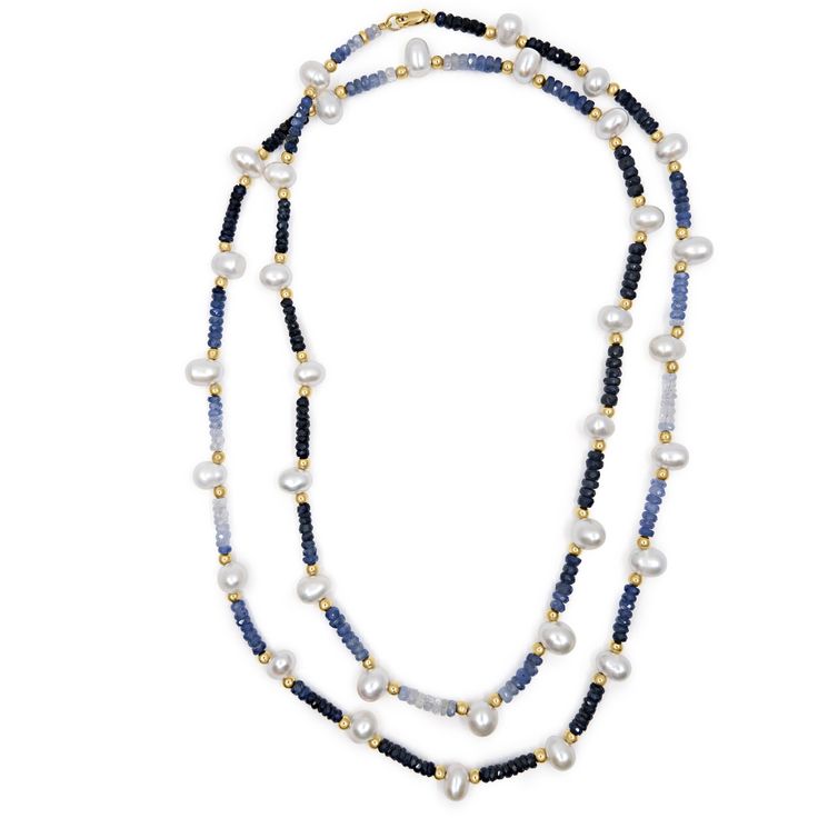 Long Blue Sapphire ombre necklace combined with pearls and gold beads. It can be worn doubled up for the effect of two necklaces or as one long strand. Elegant Sapphire Necklaces With Polished Beads, Elegant Sapphire Necklace With Polished Beads, Luxury Blue Beaded Necklace With Polished Beads, Luxury Blue Polished Beads Necklace, Luxury Blue Pearl Necklace, Elegant Blue Necklace With Round Beads, Elegant Blue Beaded Necklace With Gemstone Beads, Blue Double Strand Gemstone Beaded Necklaces, Elegant Long Blue Beaded Necklace