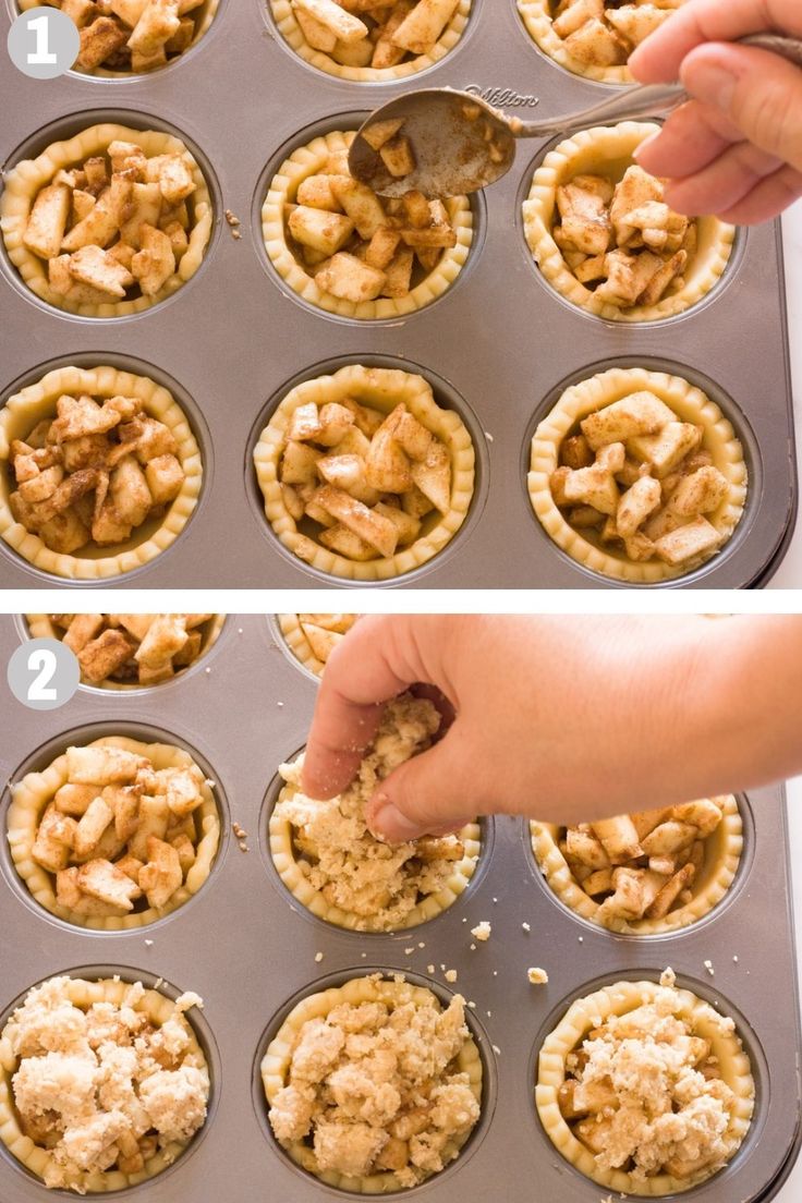 the process of making apple pies in muffin tins