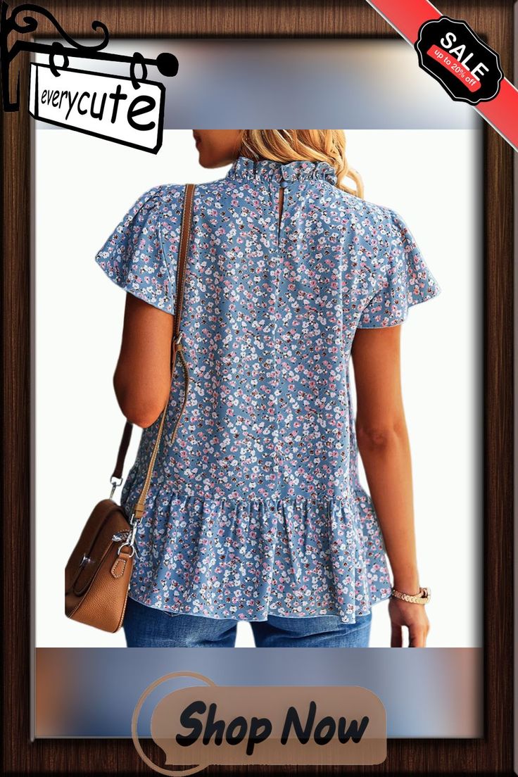 Light Blue Ruffled Hem Floral Print Short Sleeve Blouse Floral Print Shorts, Women Tops, Short Sleeve Blouse, Printed Shorts, Shirt Blouses, Sleeve Blouse, Floral Print, Top Blouse, Light Blue