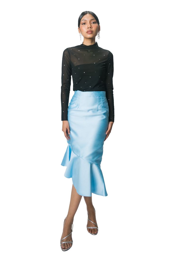 An exquisite piece for the modern woman, the Emilia Skirt radiates with a classic style. Defy the traditional norms with its irregular-designed pencil cut and make a statement on days where you want to express both your bold personality and savvy business sense. Available in Black, Beige, Blush, Ice Blue & Navy, the Emilia Skirt is a versatile piece that can be dressed up or down. Available in Black, Beige, Blush, Ice Blue & Navy Features a ruffled design and an irregular cut for that extra bit Chic Evening Draped Pencil Skirt, Silk Wrap Skirt For Evening, Silk Asymmetrical Skirt For Night Out, Elegant Knee-length Draped Skirt For Spring, Elegant Knee-length Lined Draped Skirt, Fitted Silk Draped Skirt With Lining, Fitted Long Silk Draped Skirt, Elegant Draped Pencil Skirt For Night Out, Silk Asymmetrical Cocktail Skirt