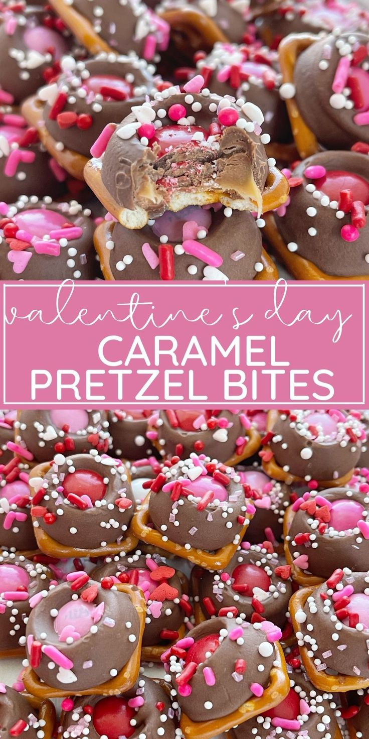 valentine's day caramel pretzel bites with chocolate and sprinkles