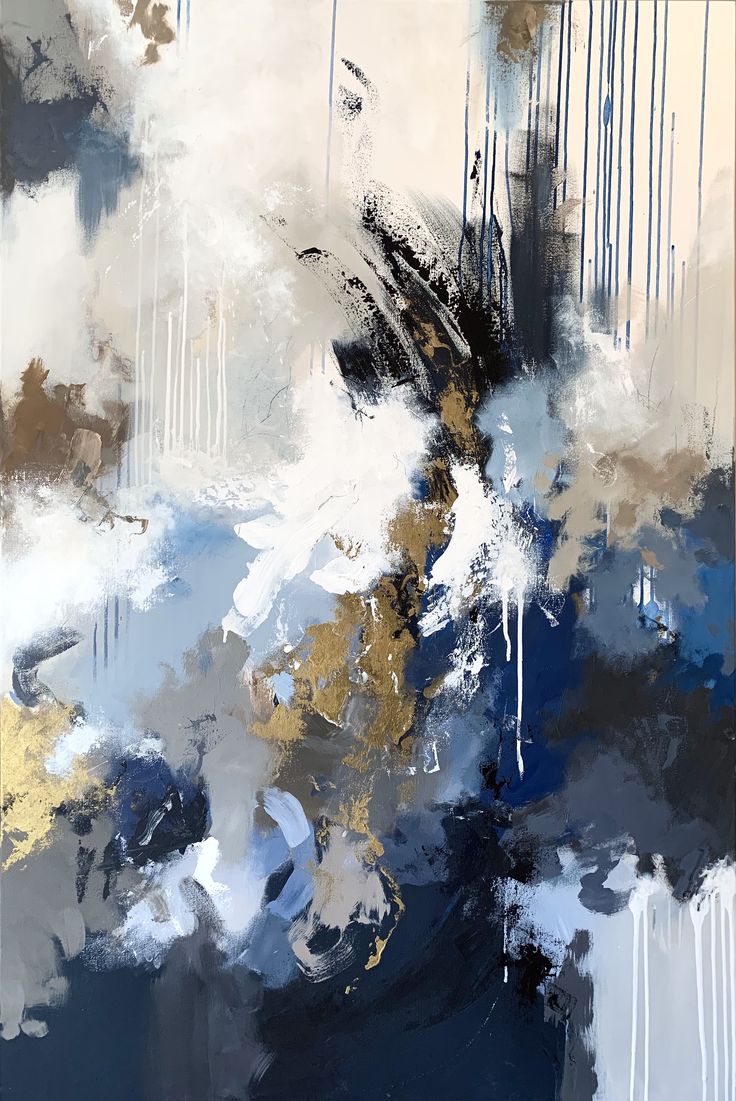 an abstract painting with blue, gold and white colors