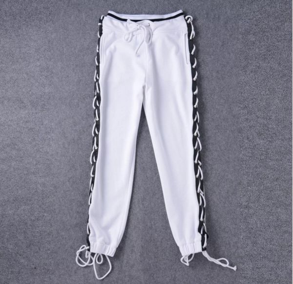 Fashion sexy side lace up type loose pants High Waist White Pants For Streetwear, White High Waist Pants For Streetwear, White High-waist Bottoms For Streetwear, White High Waist Bottoms For Streetwear, White High Waist Stretch Bottoms, Sporty High-waist White Bottoms, Trendy White Stretch Pants, Sporty High Waist White Bottoms, White High Waist Sporty Bottoms