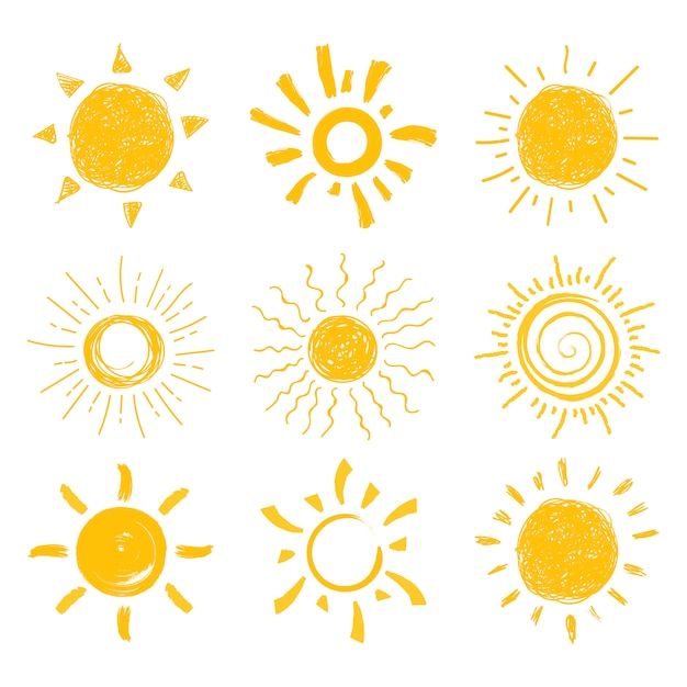 the sun with different shapes and colors on white background, set of four images in yellow