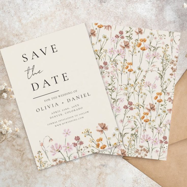 wedding save the date cards with flowers and leaves on them next to an envelope that says save the date