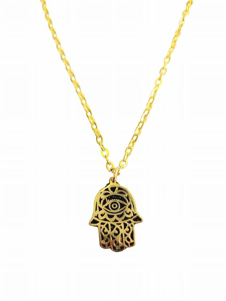 Brassy Hamsa Necklace MINU Jewels Gold-tone Brass Charm Necklace With Round Pendant, Dainty Gold-tone Brass Necklaces, Nickel-free Brass Charm Necklace With Round Pendant, Dainty Gold-tone Brass Necklace, Nickel Free 14k Gold Filled Round Pendant Necklace, Handmade Brass Charm Necklaces For Everyday, Gold Spiritual Charm Necklace With Lobster Clasp, Adjustable Yellow Gold Brass Charm Necklace, Nickel-free Gold Plated Spiritual Necklaces