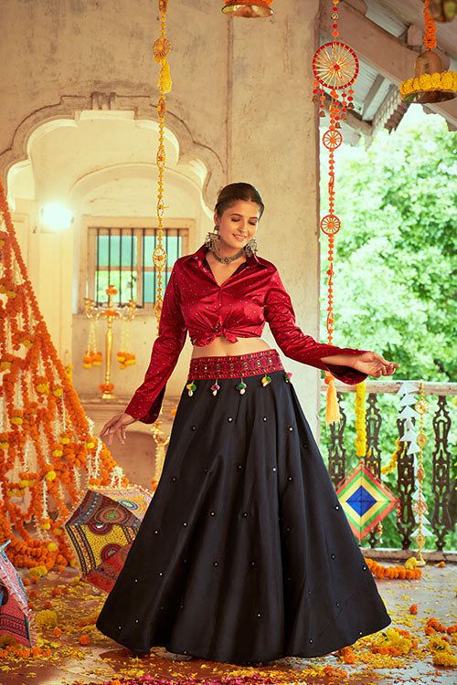 Shubhkala Maroon Gajji Silk Prined Work Navratri Crop-Top Skirt Elegant Crop Top, Garba Dress, Navratri Special, Crop Top Skirt, The Outfit, Skirt Design, Flared Skirt, Flare Skirt, Silk Fabric