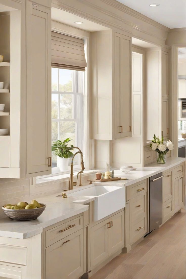 a large kitchen with white cabinets and wooden floors is pictured in this image, there are fruit on the counter