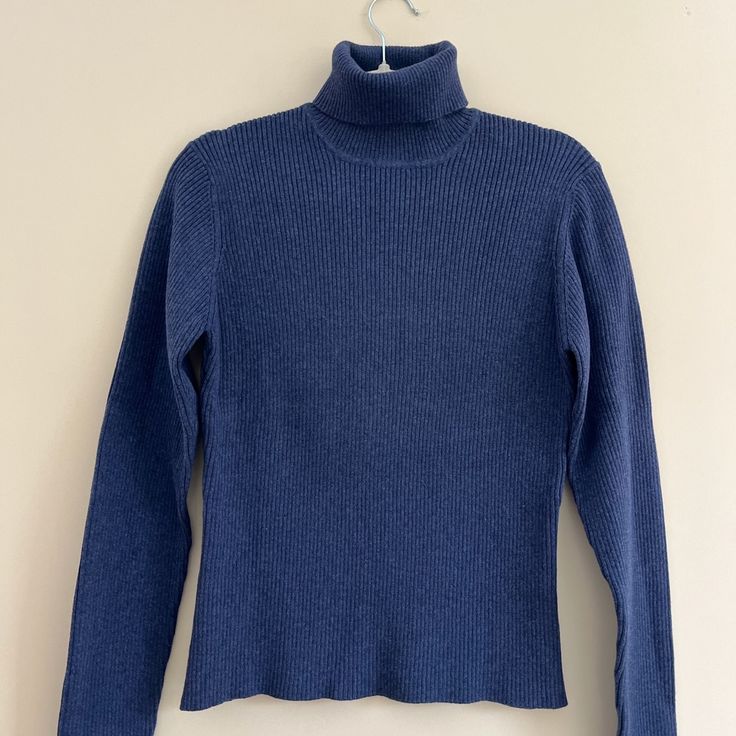 Rich Blue Ribbed Turtleneck Sweater Cotton/ Spandex Blend Nwt Blue Ribbed Stretch Sweater, Blue Fitted Sweater For Fall, Blue Stretch Ribbed Sweater, Fitted Blue Sweater For Fall, Elegant Blue Ribbed Sweater, Classic Blue Turtleneck Top, Fitted Navy Sweater For Spring, Blue Ribbed Turtleneck Sweater, Blue Knit Stretch Sweater