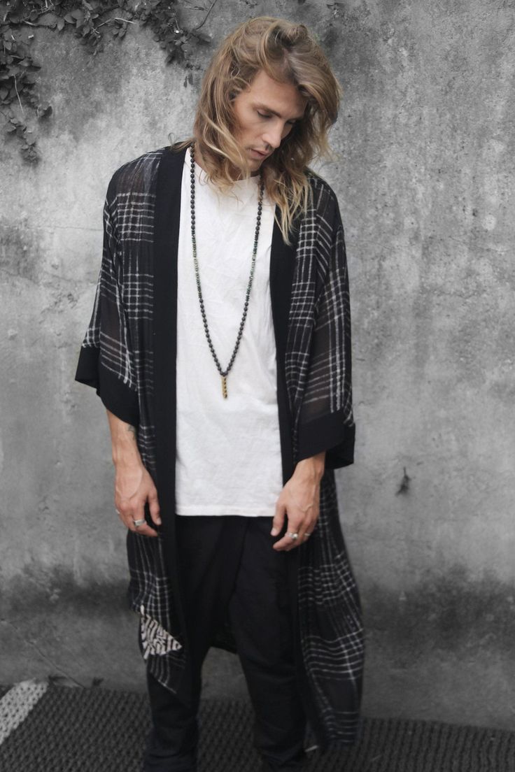 Mens Kimono Robe, Alternative Men's Clothing, Rayon Robe, Black Check Robe, Burning Man Urban Streetwear Festival Boho Clothing Gift For Him ORIKI > Robe > BLK Check > ss18 This boho chic kimono style robe is an absolute must in any men's wardrobe! Super comfy and stylish, with that extra boho touch that will upgrade your look~ Made from high quality soft rayon fabric. Great as a festival outfit, for that one of a kind groom robe, wedding gift, boyfriend gift ~~ My designs feature my or Traditional Long Kimono With Tassels, Hippie Wrap Kaftan For Festivals, Bohemian Long Kimono For Festival, Bohemian Long Kaftan For Festivals, Bohemian Long Kimono With Tassels, Casual Long Kimono For Festival, Oversized Traditional Kimono For Festivals, Traditional Oversized Kimono For Festival, Hippie Festival Robe With Kimono Sleeves