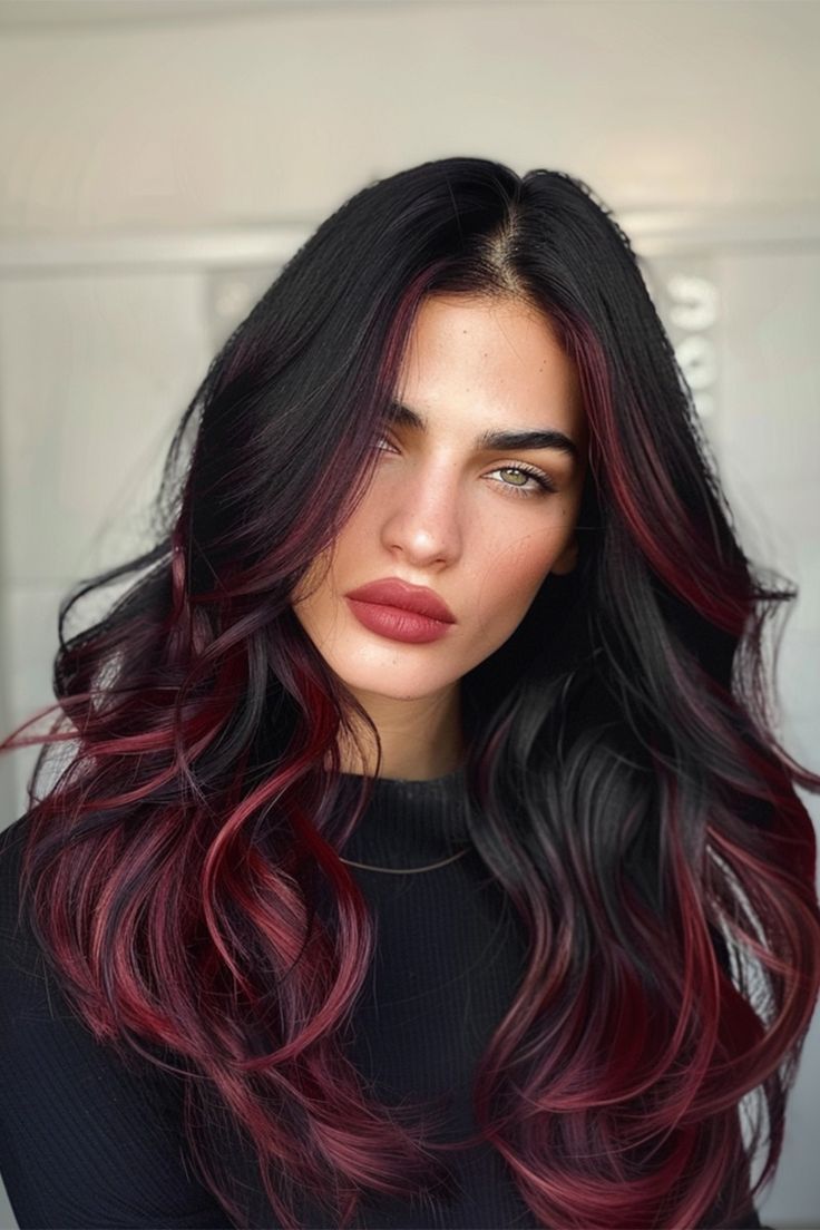 Vampy Hair, Halo Hair Colors, Black Cherry Hair, Cherry Hair Colors, Red Hair With Highlights, Strawberry Blonde Hair Color, Peekaboo Hair, Cherry Hair, Hair Color Burgundy