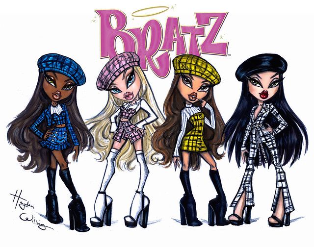 three cartoon girls wearing hats and dresses with the word bratz written on top of them