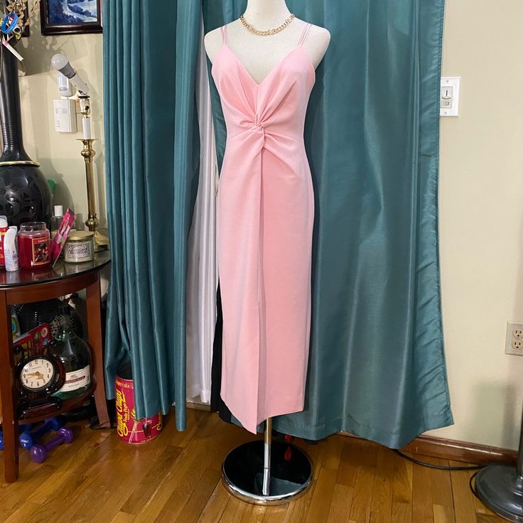 5 7 Nwt Pink Quartz Midi Dress, V-Neck, Twist At The Bodice, Split At The Front, Back Zip. Size 6, Approx Lay Flat Measurement Bust 16”, Waist 14”, Hip 18” Pink V-neck Dress With Surplice Neckline For Formal Occasions, Spring Dinner Dress With Surplice Neckline, Fitted V-neck Spring Dinner Dress, Feminine V-neck Maxi Dress For Cocktail, Feminine V-neck Maxi Cocktail Dress, Feminine V-neck Maxi Dress For Evening, Fitted V-neck Dress For Spring Dinner, Feminine V-neck Evening Maxi Dress, Spring Dinner Fitted V-neck Dress