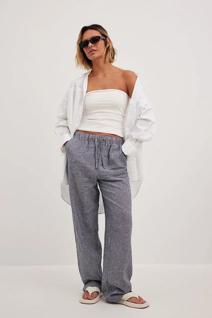 Striped Elastic Waist Linen Pants Stripe | NA-KD Casual Wide-leg Vertical Stripes Pants, Striped Straight Leg Bottoms With Elastic Waistband, Casual Wide Leg Ankle-length Striped Pants, Casual Ankle-length Wide Leg Pants With Vertical Stripes, Casual Wide-leg Pants With Vertical Stripes, Casual Ankle-length Bottoms With Vertical Stripes, Casual Ankle-length Pants With Vertical Stripes, Relaxed Fit Striped Pants With Elastic Waistband, Striped Straight Leg Pants With Elastic Waistband