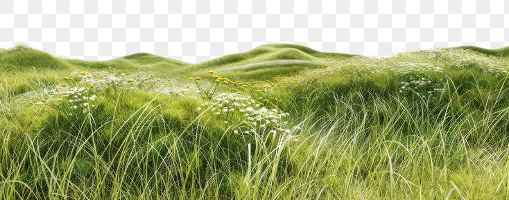 green grass with white flowers in the middle, on a transparent background png clipart