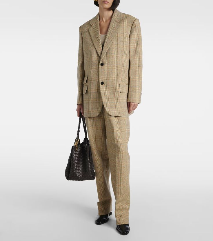 Prince of Wales check blazer in beige - Bottega Veneta | Mytheresa Classic Yellow Suit For Work, Classic Yellow Suits For Work, Yellow Notch Lapel Suit For Work, Tailored Yellow Suit For Office, Yellow Tailored Suit For Office, Yellow Notch Lapel Suits For Work, Classic Yellow Blazer For Business, Classic Single-breasted Yellow Blazer, Yellow Notch Lapel Outerwear For Work