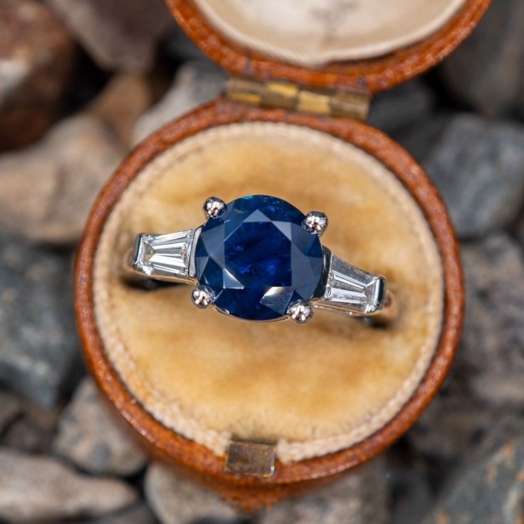 2.6 Carat Dark Blue Sapphire Engagement Ring w/ Baguette Accents Baguette Side Stones, Teal Sapphire Ring, Montana Sapphire Engagement Ring, Baguette Engagement Ring, Blue Sapphire Engagement Ring, Vintage Engagement Rings Sapphire, Blue Engagement Ring, Teal Sapphire, Fancy Rings