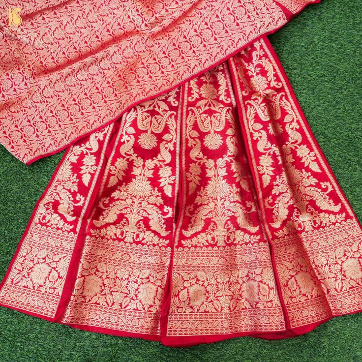 Red Pure Katan Silk Handloom Banarasi Kalidar Lehenga - Khinkhwab Traditional Floor-length Unstitched Suit With Dupatta, Transitional Salwar Kameez For Traditional Ceremonies, Transitional Season Salwar Kameez For Traditional Ceremonies, Traditional Drape Bollywood Lehenga For Ceremonies, Bollywood Style Lehenga For Traditional Ceremonies, Traditional Floor-length Sets For Ceremonies, Traditional Jamawar Choli For Wedding, Festive Floor-length Sets With Traditional Patterns, Traditional Art Silk Choli For Transitional Season