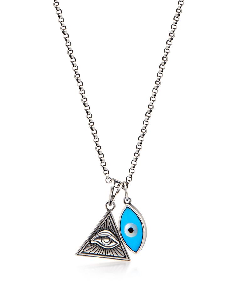 Pendants in 925 Sterling Silver Turquoise Enamel Chain in Stainless Steel with Vintage Silver Finish Handmade in Los Angeles Product Code: MNEC_081 Designer's NotesStrung by hand in our LA studio with a sterling silver Evil Eye and Eye of Ra pendant - both strong symbols for protection and good health. Wear this unique piece solo or layered.Please note that all our pieces are crafted by hand and one-of-a-kind, and may therefore vary slightly in size, shape, and color. Healing Powers Silver Like Symbols For Protection, Strong Symbol, Ancient Egyptian Symbols, Eye Of Ra, 20 Inch Necklace, Mens Silver Necklace, Evil Eye Pendant, Men's Necklace, Evil Eye Jewelry