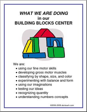 a poster with an image of a house and blocks on it that says, what we are doing in our building blocks center