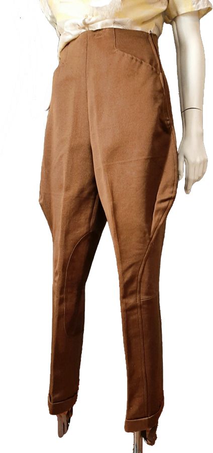 Authentic 1940s rust true vintage riding pants jodhpurs with suede inner patches and detachable stirrup/boot elastic. By Over The Top Sport Togs. Baltimore New York.These are the real deal riding trousers in wool twill with a side zipper, high waist, back cinches, western pockets, suede inner patches and tapered legs with detachable elastic boot straps.The crotch is lined with real suede.Back darts and split center top waist seam in the back.These sit higher than the normal waist and have the fu Riding Pants Pattern, Vintage Fitted Pants With Hip Pockets, Jodhpurs Pants, Vintage Fitted Pants With Button Closure, Vintage Stirrup Pants, Vintage Fitted Breeches With Pockets, Jodhpur Pants, Elastic Boots, Modern Suits