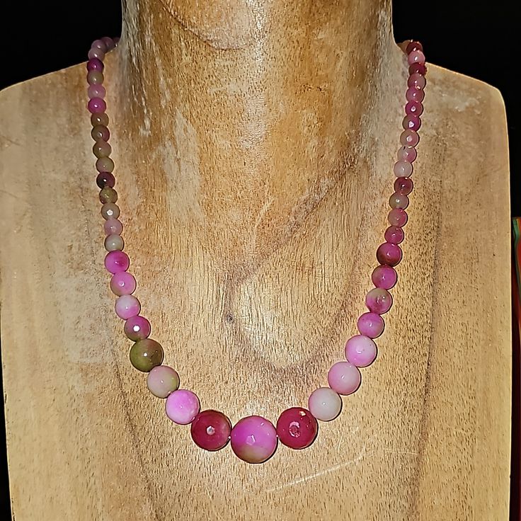 Another Great Watermelon Jade.. Smaller Beads Than My Other Listing.. Each Bead Is Faceted To Bring Out The Luster Of The Jade.. Pink To Light Green Beads.. Sits About 18 Inches With A Extended Chain.. Steel Lobster Claw Clasp Pink Polished Round Bead Necklaces, Pink Natural Stones Beads As Gift, Pink Round Polished Bead Necklaces, Pink Crystal Necklace With Natural Stones, Pink Bohemian Jewelry With Faceted Beads, Bohemian Pink Jewelry With Faceted Beads, Pink Rondelle Single Strand Necklace, Pink Single Strand Rondelle Necklace, Pink Single Strand Beaded Necklace For Gift