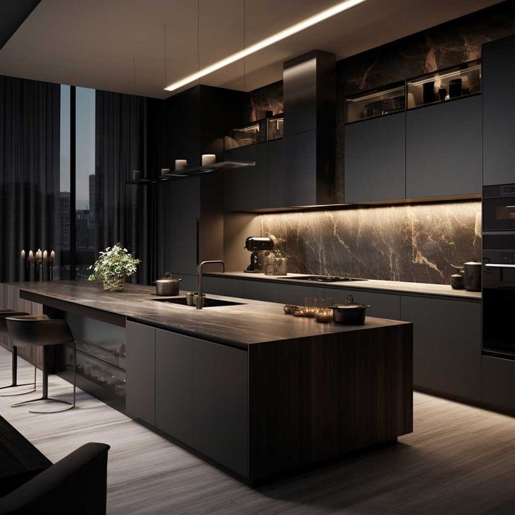 a modern kitchen with black cabinets and marble counter tops is lit by recessed lighting