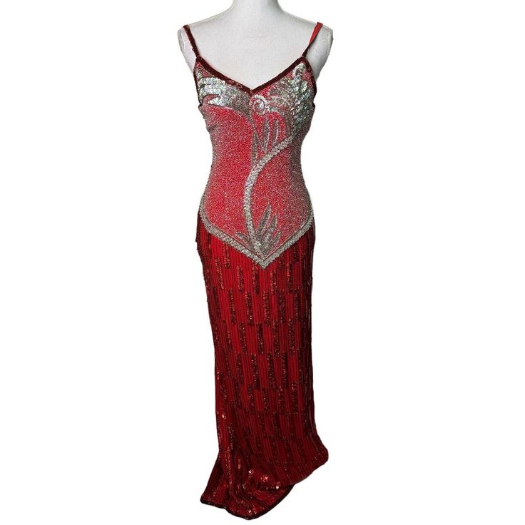 This Stunning Red Silk Dress Is A True Gem From The 1980s, With Intricate Sequin Detailing That Will Have You Shining All Night Long. Made By Sequins Originals And Sized Xs/S, It's The Perfect Choice For A Formal Occasion Or Eveningwear Look. Crafted In India With Care, This Original Vintage Piece Is Sure To Turn Heads. The Dress Is Rich In Color And Features A Flattering, Regular Fit. So Whether You're A Collector Of Vintage Clothing Or Simply Looking To Add A Touch Of Glamour To Your Wardrobe, This Sequins Originals Dress Is A Must-Have. In Amazing Condition Except For Some Missing Beads On The Straps. See Close Up Pic. Extra Beading/Sequins Included For Any Repair You Want To Do. Sewn Fitted Vintage Floor-length Party Dress, Fitted Floor-length Glamorous Flapper Dress, Fitted Glamorous Floor-length Flapper Dress, Glamorous Fitted Floor-length Flapper Dress, Fitted Vintage Flapper Dress For Holidays, Vintage Flapper Dress For Holiday Evenings, Fitted Flapper Evening Dress For Holiday, Fitted Flapper Dress For Holiday Evening, Fitted Vintage Flapper Dress For Festive Occasions