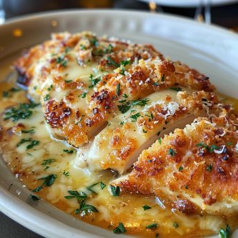 a white plate topped with chicken covered in sauce and parmesan cheese on top