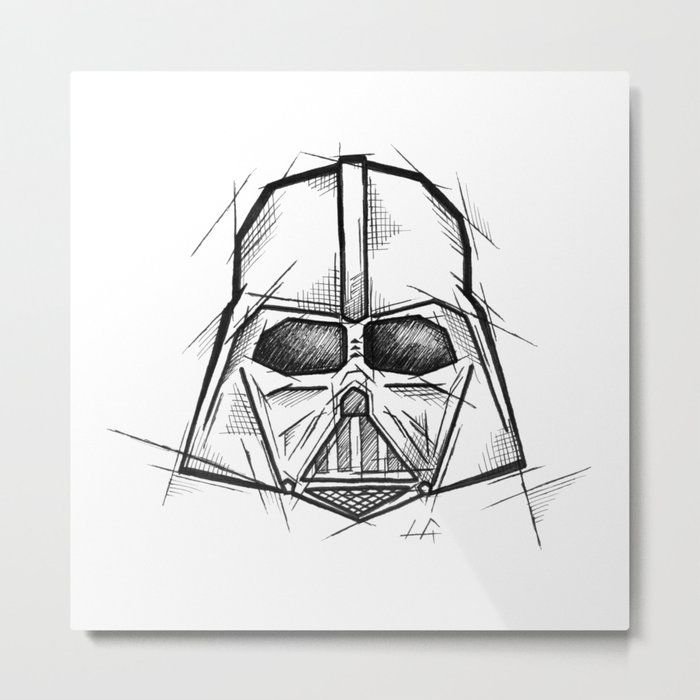 a darth vader helmet drawn in black and white metal print on a wall