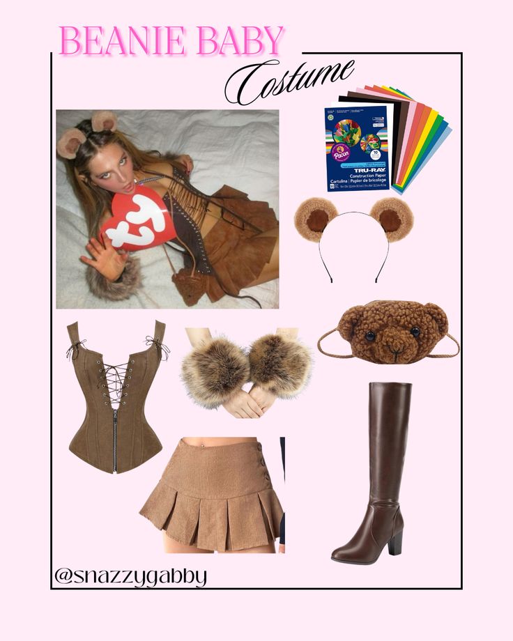 a collage of clothes and accessories including boots, headbands, gloves, bra