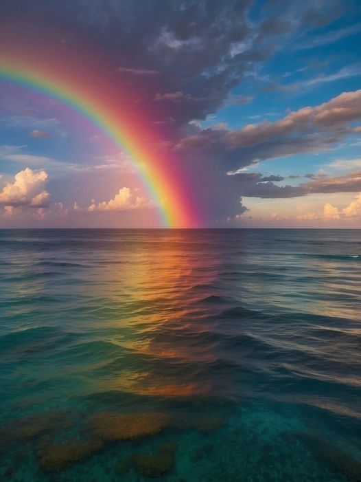 a rainbow over the ocean with clouds in the sky