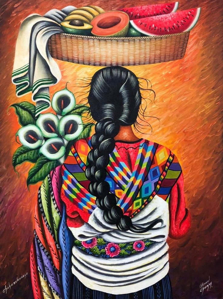 a painting of a woman carrying a basket on her head