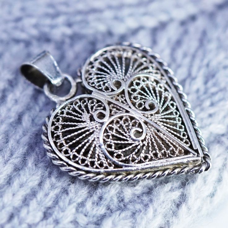 Vintage sterling 925 silver filigree heart pendant charm, silver tested White Gold Pendant Charms As Gift, White Gold Pendant Charms For Gift, Traditional Heart Shaped Jewelry Gift, Traditional Heart-shaped Jewelry Gift, Heart Pendant Filigree Jewelry Gift, Filigree Heart Pendant Jewelry For Gifts, Elegant Heart Charms For Jewelry Making, Ornate Heart-shaped Jewelry With Intricate Design, Elegant Silver Engraved Charms