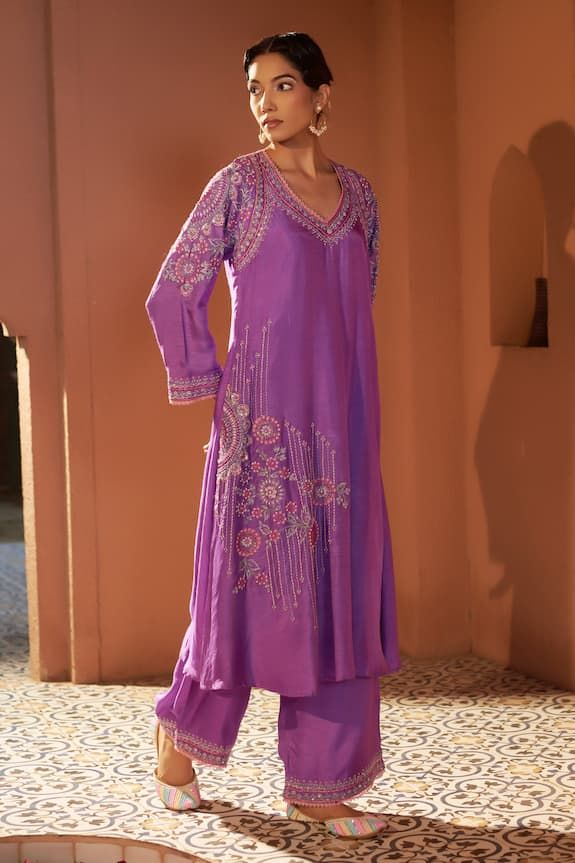 Purple straight kurta with floral embroidery using dori, sequins, beads. Paired with a palazzo. - Aza Fashions Festive Purple Palazzo Set With Intricate Embroidery, Festive Purple Embroidered Palazzo Set, Semi-stitched Purple Palazzo Set With Intricate Embroidery, Multicolor Floral Embroidered Palazzo Set For Wedding, Bollywood Style Purple Palazzo Set With Intricate Embroidery, Bollywood Style Purple Embroidered Palazzo Set, Art Silk Palazzo Set With Intricate Embroidery, Anarkali-style Purple Palazzo Set With Intricate Embroidery, Traditional Drape Palazzo Set With Intricate Embroidery For Navratri