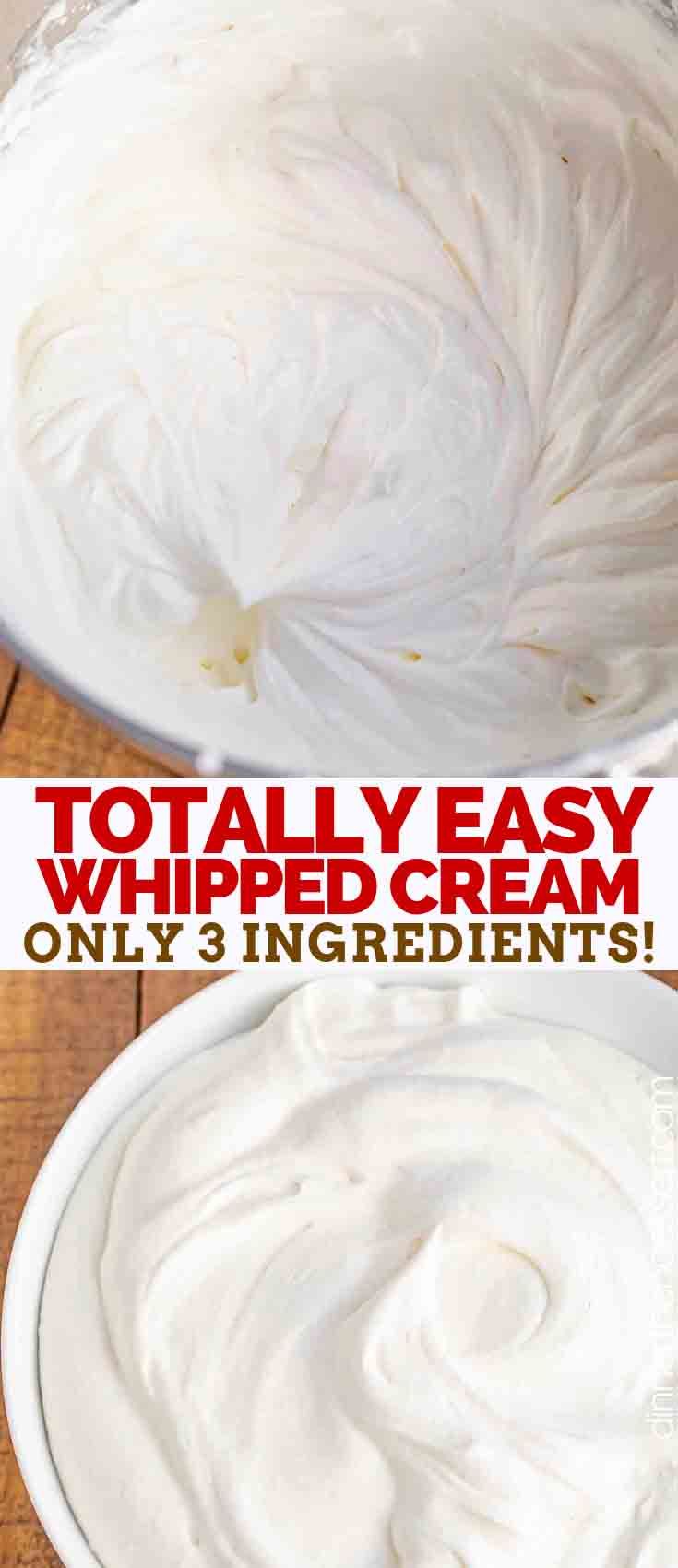 an image of whipped cream in a bowl with the words, totally easy whipped cream only 3 ingredients