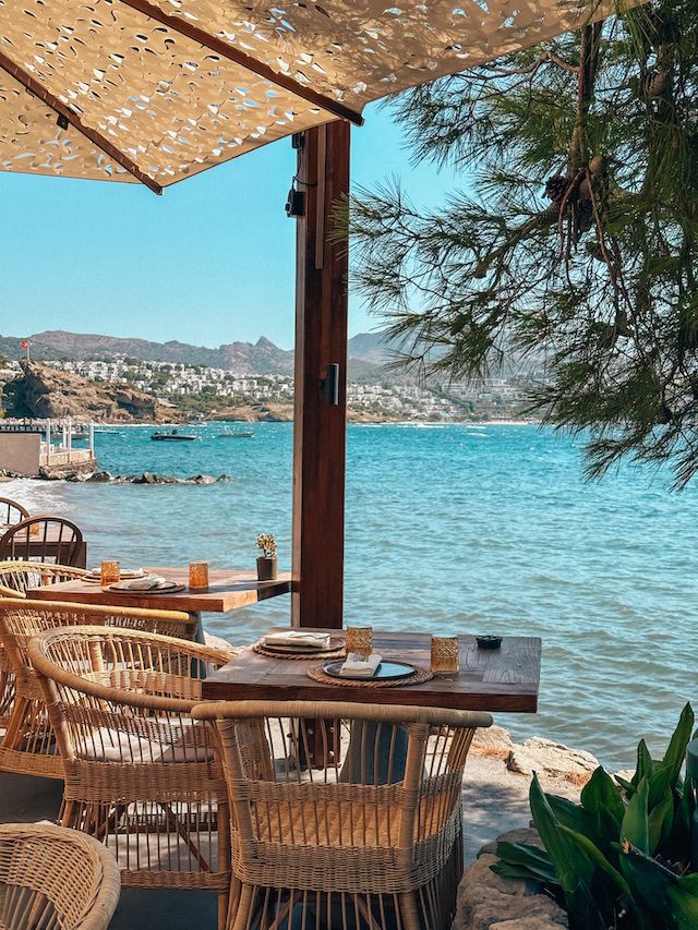 an outdoor dining area overlooking the water