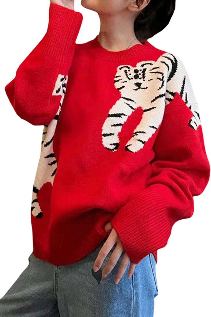 White Tiger Red Sweater Unisex Cute Uglycore Aesthetic Red Cotton Sweatshirt For Winter, Trendy Red Cotton Sweatshirt, Red Knit Crew Neck Outerwear, Red Crew Neck Winter Outerwear, Trendy Oversized Red Sweatshirt, Red Crew Neck Outerwear For Winter, Knit Sweatshirt For Streetwear, Red Long Sleeve Sweater For Streetwear, Red Winter Sweatshirt