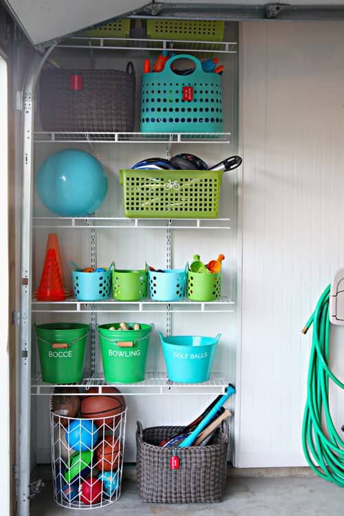 the closet is organized with baskets and other things to use as storage for children's toys