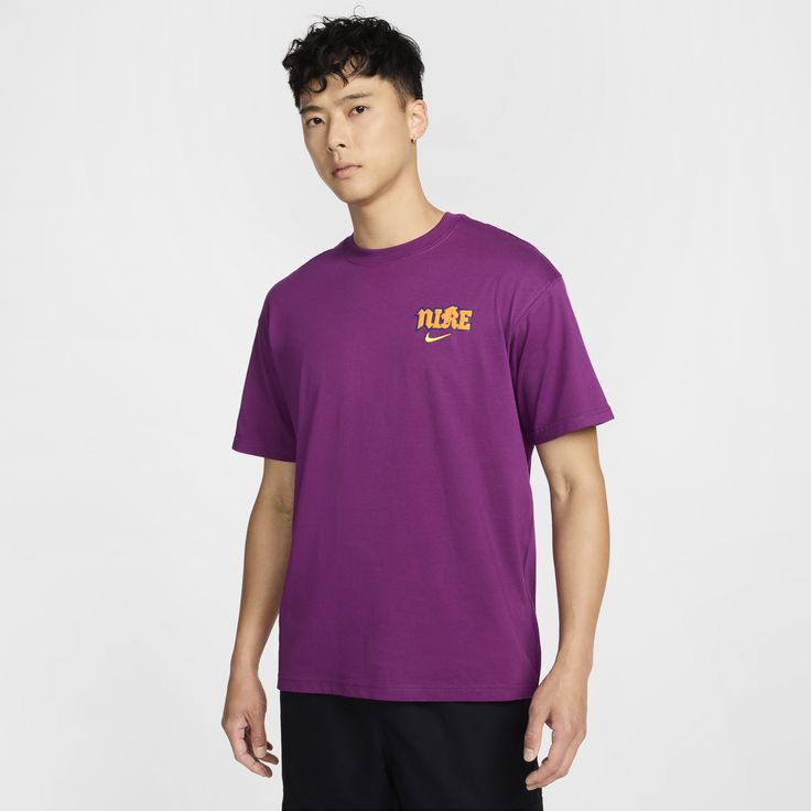 This Max90 tee offers dropped shoulders, longer sleeves and a roomy fit through the body and hips, giving it a relaxed look. Midweight cotton fabric feels soft and has a slight drape. Sporty Purple Workout T-shirt, Purple Sporty Workout T-shirt, Oversized Nike Cotton T-shirt, Purple Moisture-wicking T-shirt For Sports, Relaxed Fit Cropped T-shirt For Sports, Oversized Nike T-shirt With Graphic Print, Purple Athleisure T-shirt For Sports, Urban Purple Short Sleeve T-shirt, Nike Relaxed Fit T-shirt For Gym