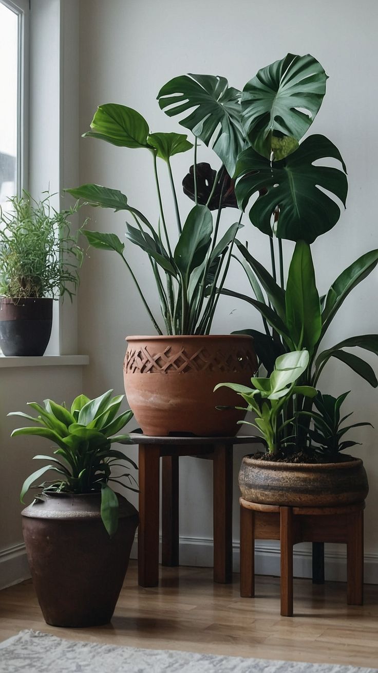 three potted plants sit in front of a window